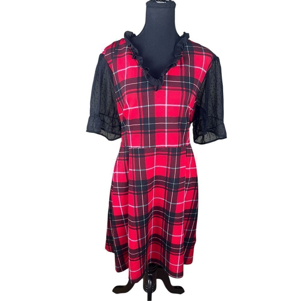 Smak Parlour 2XL red plaid black sheer short sleeves ruffled neckline dress goth